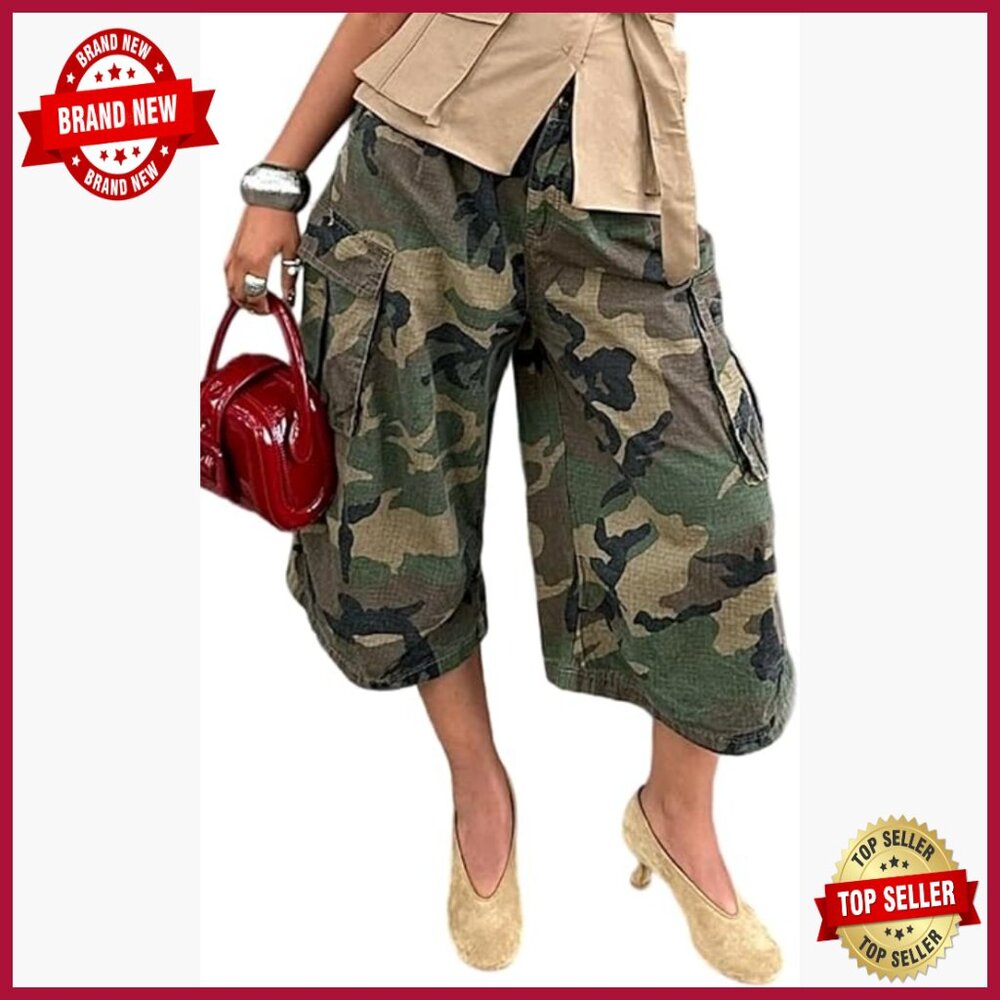 Women's Camo Cargo Jeans Baggy Wide Leg High Waist Cropped Pants
